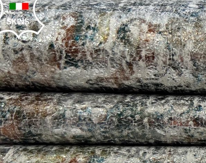 METALLIC TEAL,COPPER,Silver Print Distressed  Vintage Look Thin Soft Italian Lambskin Sheep Leather hide hides skin skins 5+sqf 0.6mm #C2037