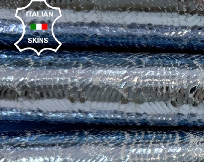 Delivered Duty Paid-METALLIC LIGHT BLUE Shells Print On Strong Italian Goatskin Goat leather skin 3+sqf 0.7mm #C6566