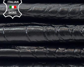Delivered Duty Paid-JET BLACK CROCODILE Print On Soft Italian Lamb leather pack 2 skins total 12+sqf 0.8mm #C7045