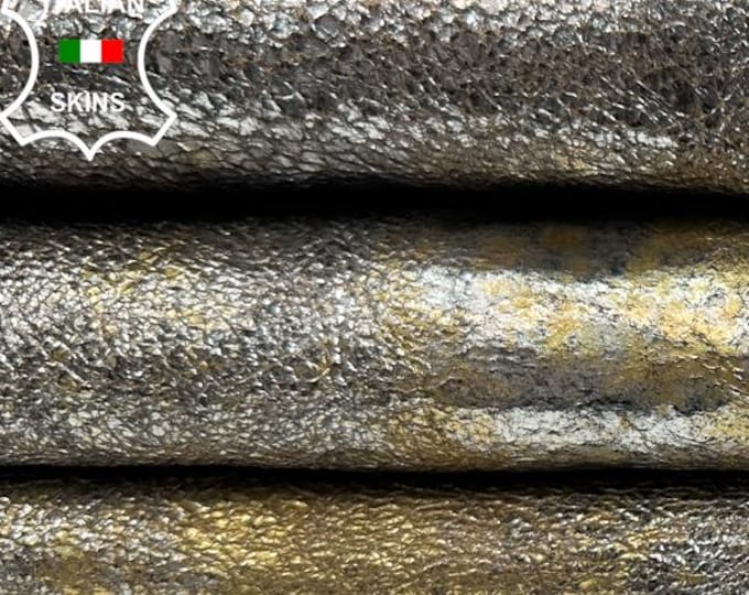 METALLIC SILVER & Gold Rough Crispy Vintage Look On Vegetable Tan Thick Italian Goatskin Goat Leather pack 2 hides total 14sqf 1.2mm #C5105