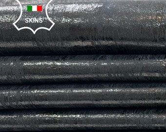 BLACK CRACKED SHINY Distressed Antiqued Look Printed Soft Italian Lambskin Lamb Sheep Leather pack 2 hides skins total 14sqf 0.8mm #C2461