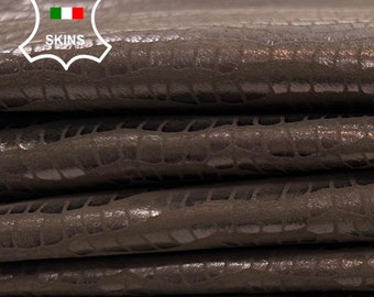 METALLIC BROWN Crocodile Print On Thin Soft Italian Goatskin Goat Leather pack 2 hides skins total 7+sqf 0.6mm #C2548