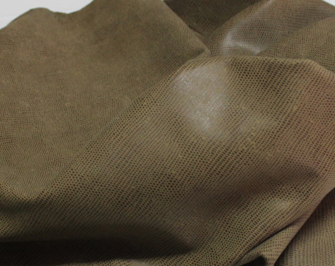Italian Lambskin leather hides skins hide skin Vintage OLIVE BROWN REPTILE print on lamb leather 6sqf  #7854