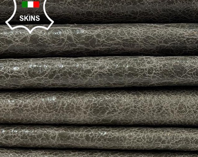KHAKI ARMY CRACKED Waxy Vintage Look Thin Soft Italian Goatskin Goat Leather pack 2 hides skins total 12sqf 0.6mm #C1300