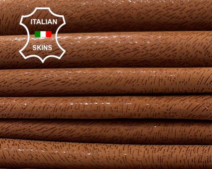 COGNAC BROWN SHINY Hair Lines Print On Soft Italian Lambskin Sheep Lamb leather pack 2 hides skins total 10sqf 0.7mm #C3809