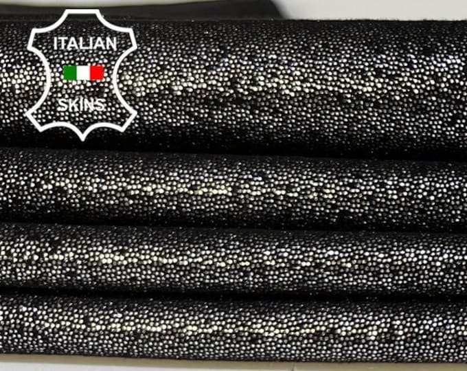 METALLIC SILVER LAME Print On Black Thin Soft Italian Lambskin Lamb Sheep Leather hides hide skin skins 5sqf 0.6mm #B994