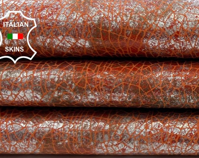 METALLIC SILVER DISTRESSED Cracked On Fire Orange Soft Italian Goatskin Goat Leather hide hides skin skins 2+sqf 0.8mm #C1151