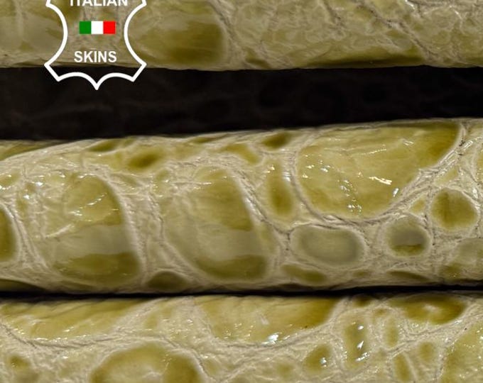 KHAKI OLIVE GREEN Patent Shiny Printed Thick Italian Lambskin Sheep Lamb leather hide hides skin skins 5+sqf 1.1mm #C6587