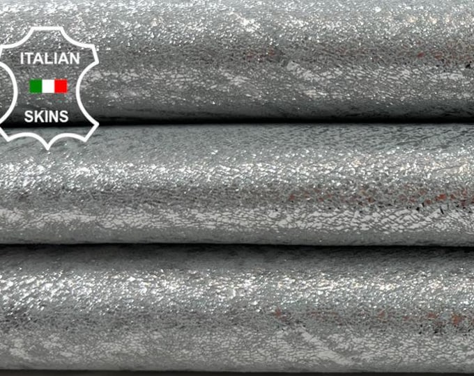 METALLIC SILVER DISTRESSED Vintage Look Thin Soft Italian Goatskin Goat Leather hide hides skin skins 5sqf 0.6mm #C1140