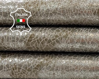 Delivered Duty Paid-METALLIC SILVER DISTRESSED Cracked On Khaki Beige Soft Goatskin Leather skin  2+sqf 0.9mm #C1152