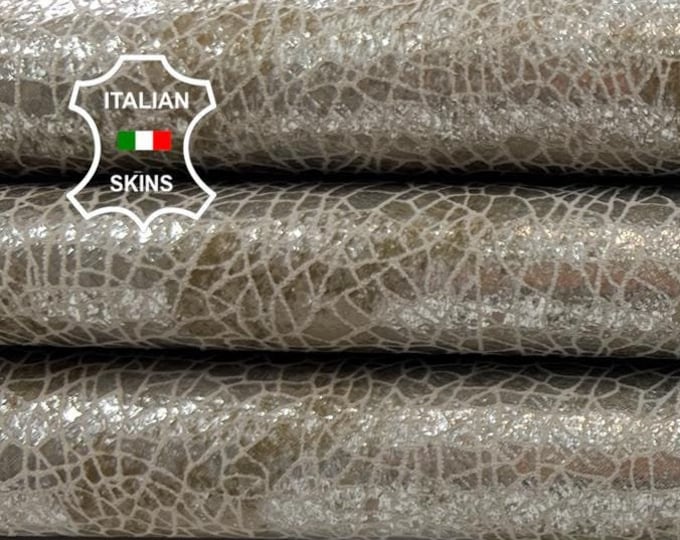 METALLIC SILVER DISTRESSED Cracked On Khaki Beige Soft Italian Goatskin Goat Leather hide hides skin skins 2+sqf 0.9mm #C1152
