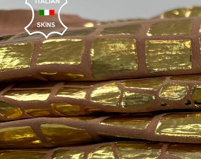 Metallic gold crocodile print on nude soft Italian Lambskin Lamb leather skin hide 4sqf 0.8mm #C3709