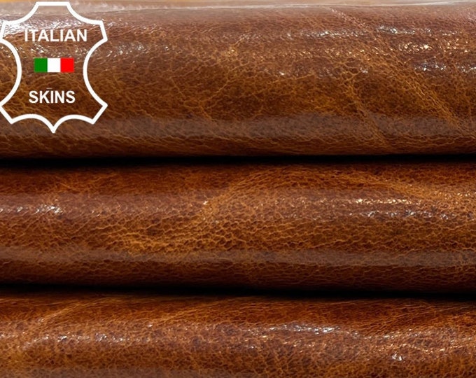 COGNAC BROWN SHINY Rustic Antiqued Vintage Look Thick  Italian Goatskin Goat Leather hide hides skin skins 5+sqf 1.1mm #C594