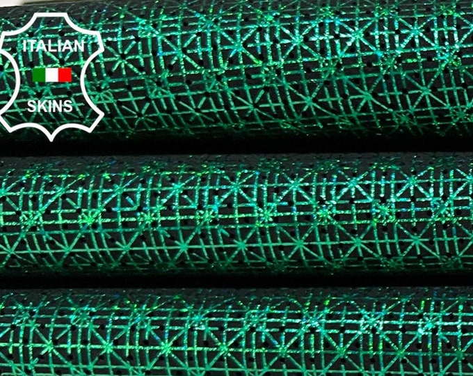 METALLIC HOLOGRAPHIC EMERALD Green Eye Attraction Print On Black pinholes Perforated Soft Italian Goatskin Leather hides 4sqf 0.8mm #B8453