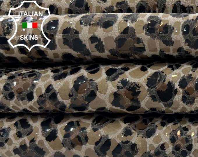BEIGE LEOPARD PRINT On Shiny Thick Italian Goatskin Goat Leather pack 4 hides skins total 10sqf 1.1mm #C1146
