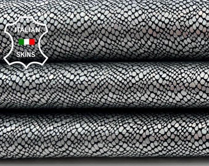 METALLIC SILVER REPTILE Print On Black Soft Italian Goatskin Goat Leather hide hides skin skins 4sqf 0.9mm #C1153