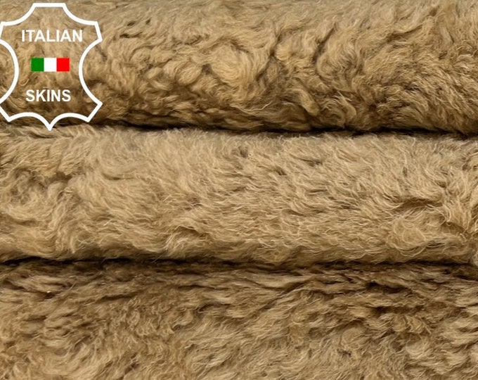 CAMEL SAND On Crinkle Leather Short Hair On Soft sheepskin shearling fur hairy sheep Italian leather hide hides skin skins 18"x25"  #B8660