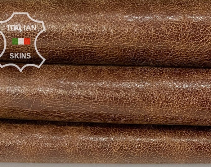 BROWN SHINY CRACKED Vintage Look Soft Italian Goatskin Goat Leather hide hides skin skins 4+sqf 0.7mm #B8180