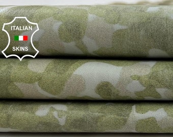 Delivered Duty Paid-CAMO GREEN Printed On Vintage Look Thin Soft Italian STRETCH Lamb Leather skin 5+sqf 0.6mm #C1034