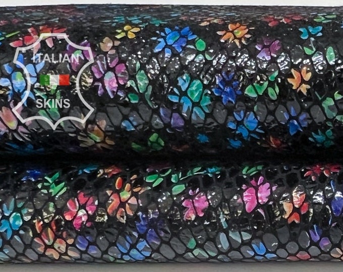 MULTICOLORS FLOWERS & SNAKE Textured Print On Shiny Black Italian Lambskin Lamb Sheep Leather hide hides skin skins 3sqf 1.0mm #B7643