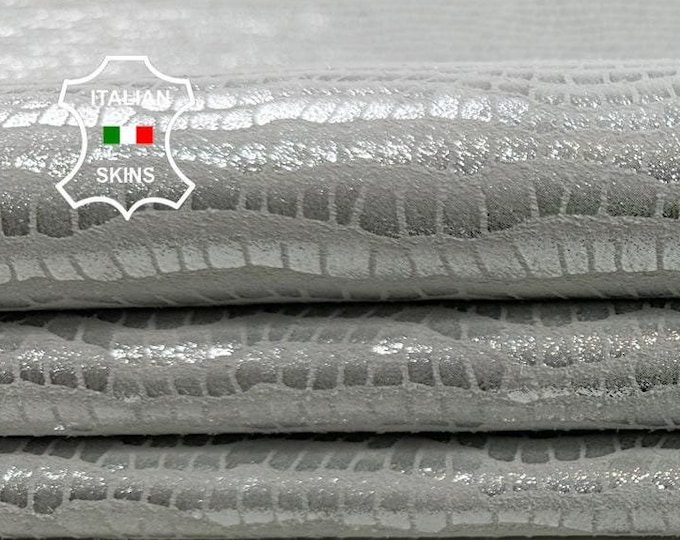 METALLIC SILVER CROCODILE shimmer print Italian Lambskin Lamb leather skin skins hide hides 6+sqf 0.9mm #C3516