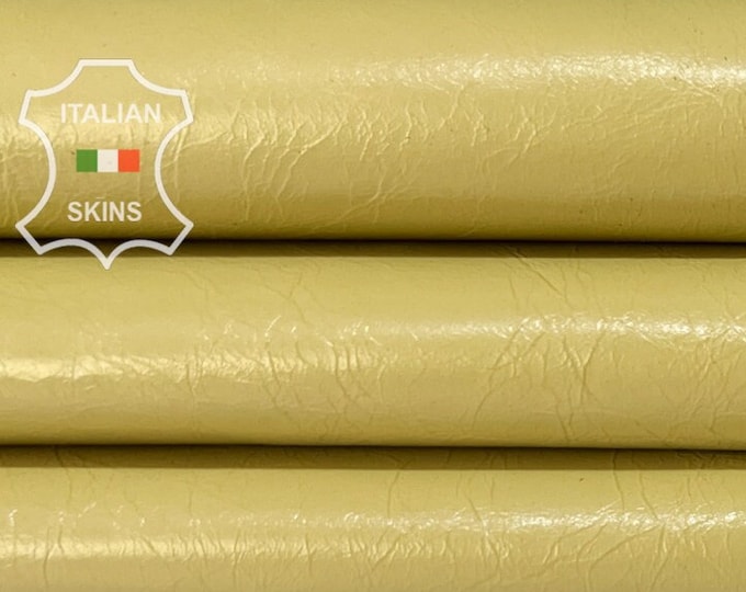 KHAKI YELLOW CRINKLED Patent Shiny Thin Soft Italian Lambskin Lamb Sheep Leather hide hides skin skins 4sqf 0.6mm #B8027