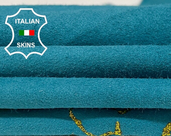 TURQUOISE BLUE SUEDE Gold Glitter Print Thin Soft Italian Lambskin Lamb Sheep Leather hides hide skin skins 6sqf 0.4mm #B1852