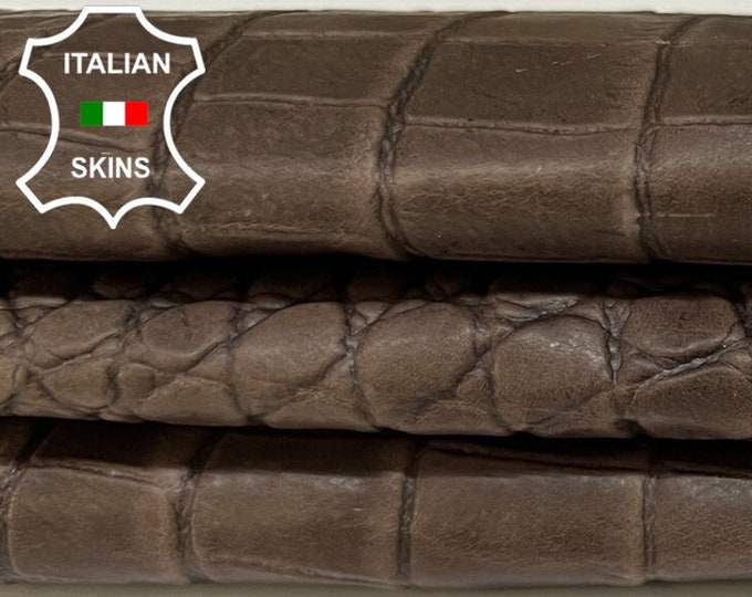 DARK BROWN CROCODILE Alligator Print Embossed On Vegetable Tan Thin Italian Goatskin Goat Leather hide hides skin skins 5sqf 0.5mm #B6687