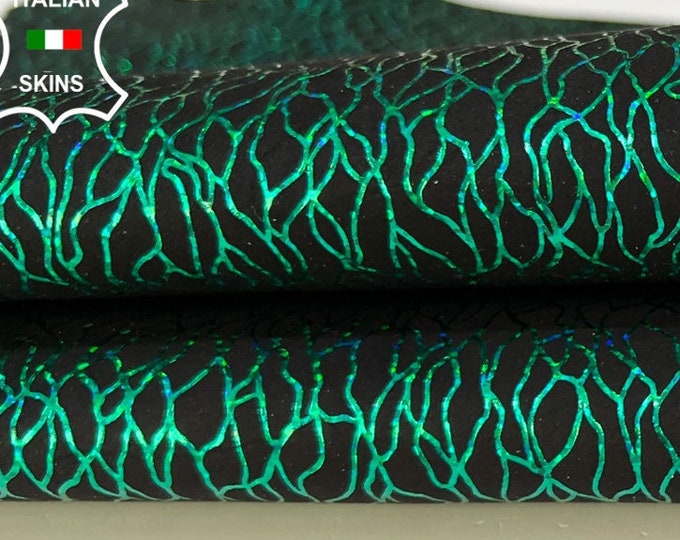 METALLIC EMERALD GREEN Roots Print On Black Italian Goatskin Goat Leather hide hides skin skins 2+sqf 1.0mm #B9768