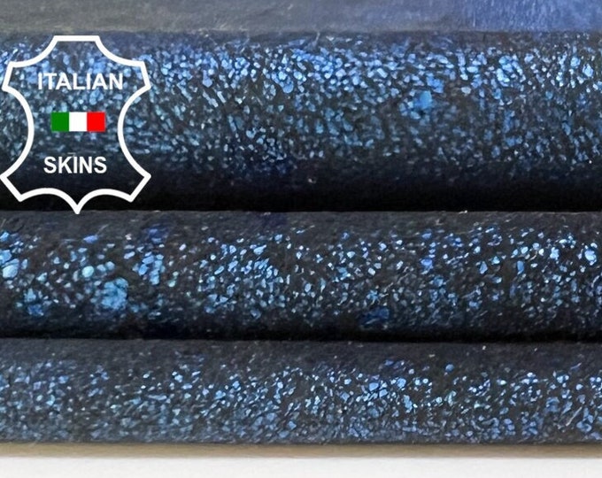 METALLIC BLUE CRACKLED Antiqued Distressed On Black Thin Soft Italian cracked Lambskin Lamb Sheep Leather hides skin skins 7sqf 0.5mm #B5438