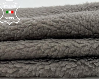 Delivered Duty Paid-GREY Hair On Soft sheepskin On Vintage Khaki Leather Lamb shearling fur hairy sheep Italian leather skin 14"x26"  #C1156