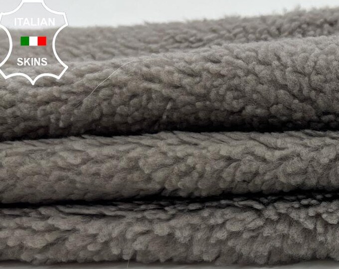 GREY Hair On Soft sheepskin On Vintage Khaki Leather Lamb shearling fur hairy sheep Italian leather hide hides skin skins 14"x26"  #C1156