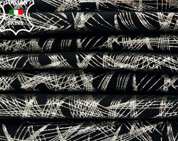 METALLIC SILVER Eyes Attraction Print On BLACK Thin Soft Italian Goatskin Goat Leather pack 3 hides skins total 13sqf 0.6mm #C986