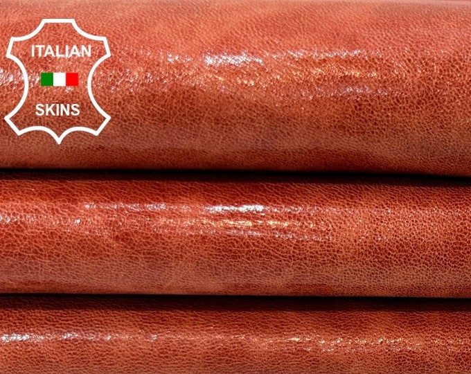 ORANGE SALMON SHINY Vintage Look Semi Gloss Vegetable Tan Thin Soft Lambskin Lamb Sheep Leather hide hides skin skins 6sqf 0.5mm #B9845