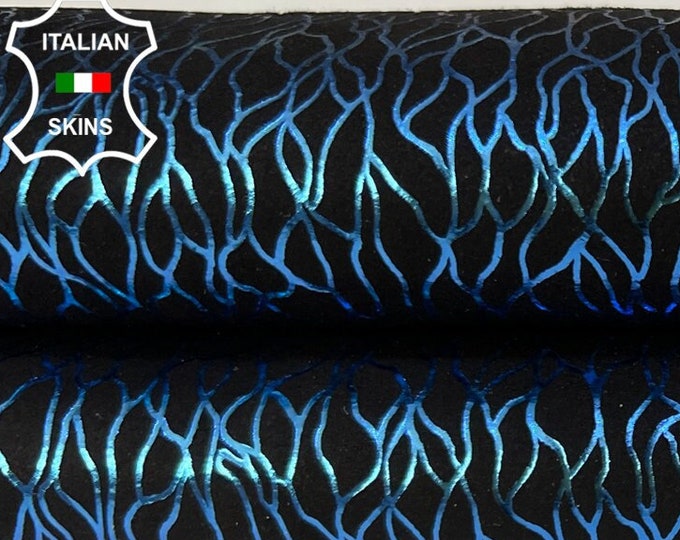 METALLIC COBALT BLUE Roots Print On Black Suede Thick Italian Goatskin Goat Leather hide hides skin skins 3sqf 1.1mm #B9305