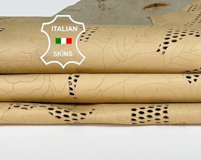 BEIGE FLOWERS LASER Engraved Perforated soft Italian Lambskin Lamb Sheep Leather hide hides skin skins 5sqf 0.6mm #A9854
