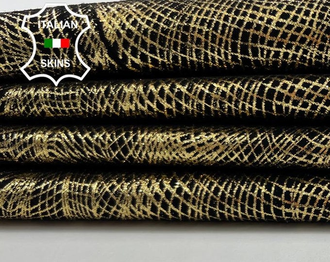 METALLIC OLD GOLD Eyes Attraction Net Print On Black Thin Soft Italian Goatskin Goat Leather hide hides skin skins 5sqf 0.6mm #C993