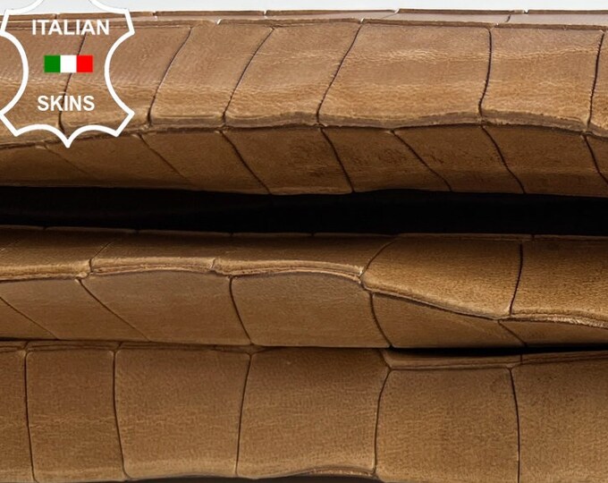SAND BROWN CROCODILE Print Embossed On Vegetable Tan Strong Italian Goatskin Goat Leather hide hides skin skins 7sqf 0.8mm #C570