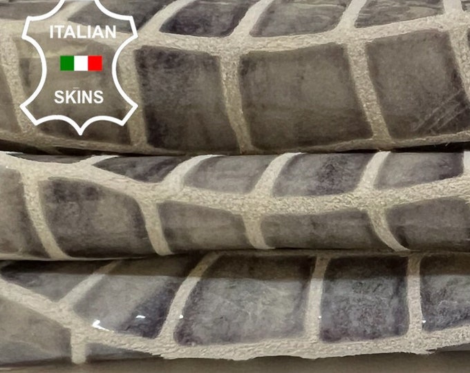 BEIGE & GRAY SHINY Crocodile Print On Thin Soft Italian Lambskin Lamb Sheep Leather hide hides skin skins 3+sqf 0.5mm #B3714