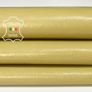 KHAKI YELLOW CRINKLED Patent Shiny Thin Soft Italian Lambskin Lamb Sheep Leather hide hides skin skins 4sqf 0.6mm #B8027