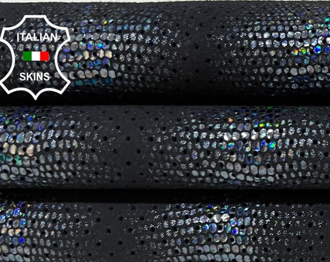 METALLIC HOLOGRAPHIC DARK Blue Reptile Print On Black pinholes Perforated Soft Italian Goatskin Leather hide hides skins 3sqf 0.8mm #B8448