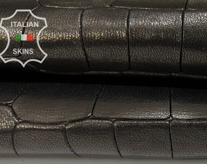 BLACK SHINY Crocodile Textured Embossed Print On Vegetable Tan Thick Italian Goatskin Goat Leather hides hide skin skins 4sqf 1.6mm #B7094