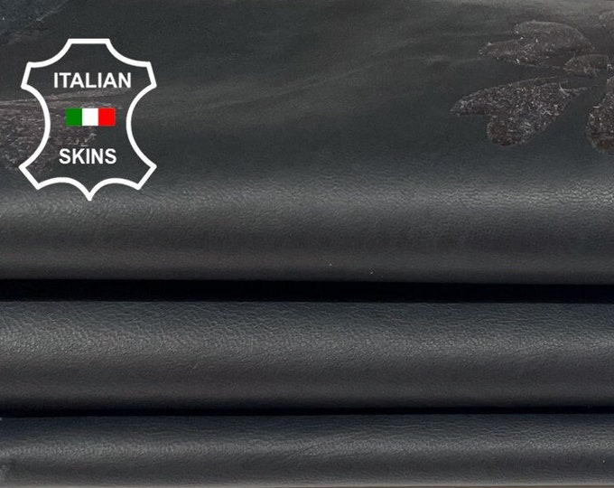 BLACK FLOWERS TEXTURED Embossed thin soft Italian Lambskin Lamb Sheep Leather hide hides skin skins 4+sqf 0.4mm #A9836