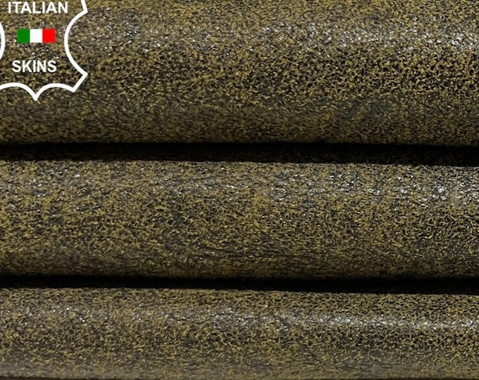 OLIVE CRACKED Vintage Look Vegetable Tan Double Face Thick Soft Italian Goatskin Goat Leather hide hides skins 4+sqf 1.1mm #B8586