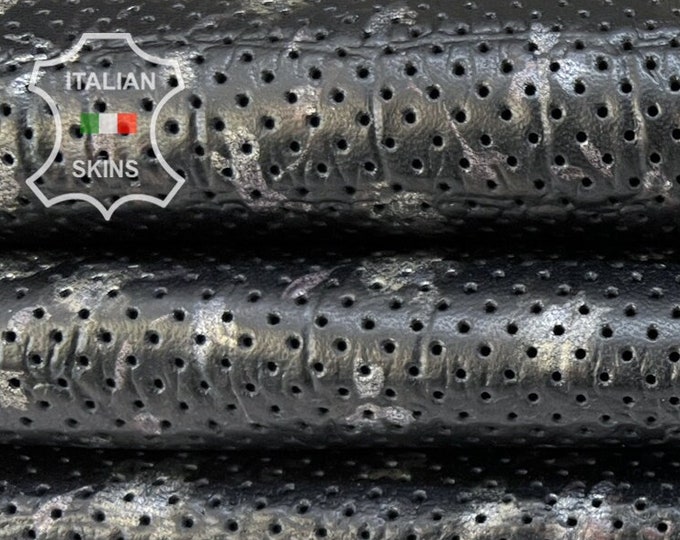 BLACK PERFORATED CROCODILE Print On Silver & Platinum Distressed Thick Italian Calfskin Calf Cow Leather hide hides skin 7+sqf 1.4mm #B8065