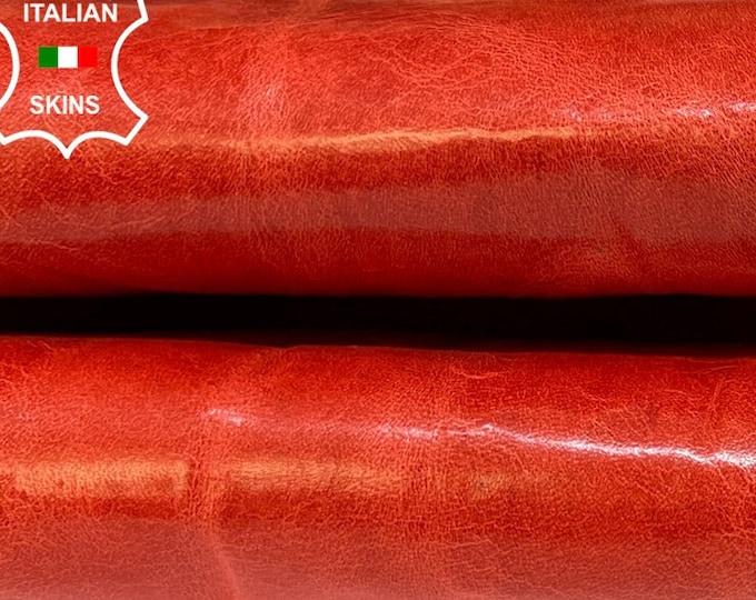 CORAL RED WRINKLED Shiny Vegetable Tan Strong Italian Goatskin Goat leather hide hides skin skins 5sqf 0.9mm #B8543
