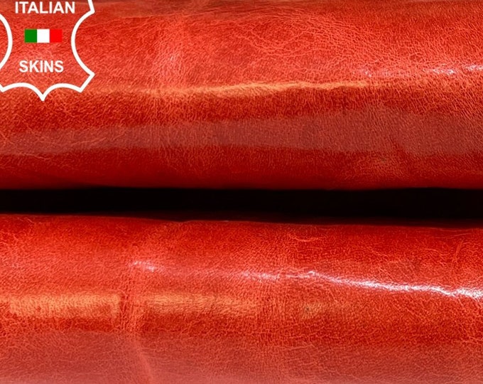 CORAL RED WRINKLED Shiny Vegetable Tan Strong Italian Goatskin Goat leather hide hides skin skins 5sqf 0.9mm #B8543