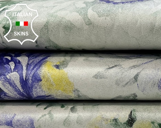 BLUE PURPLE FLOWERS Print On Vintage Look Italian Goatskin Goat Leather hide hides skin skins 5+sqf 0.8mm #C329