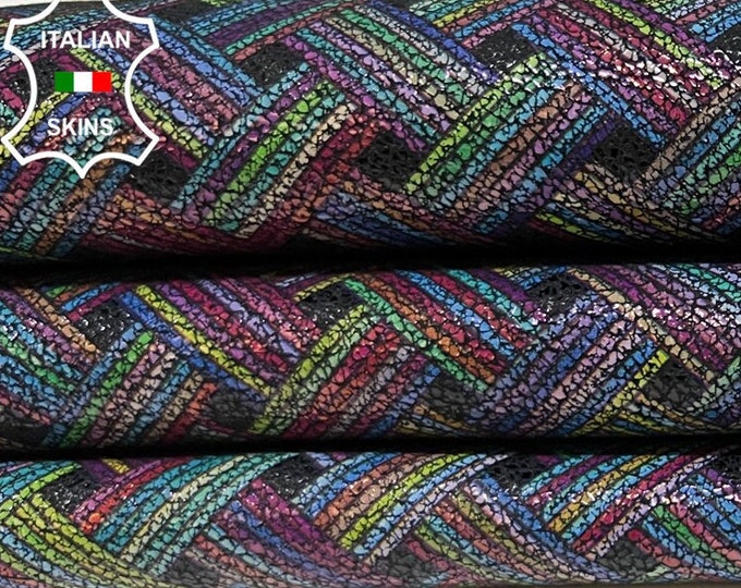 MULTICOLOR WOVEN CRACKED Shiny Print On Soft Italian Goatskin Goat Leather hide hides skin skins 3+sqf 0.9mm #B9503