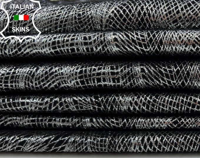 METALLIC SILVER CHROME Eyes Attraction Net Print On Black Soft Italian Goatskin Goat Leather pack 2 hides skins total 10+sqf 0.7mm #C991